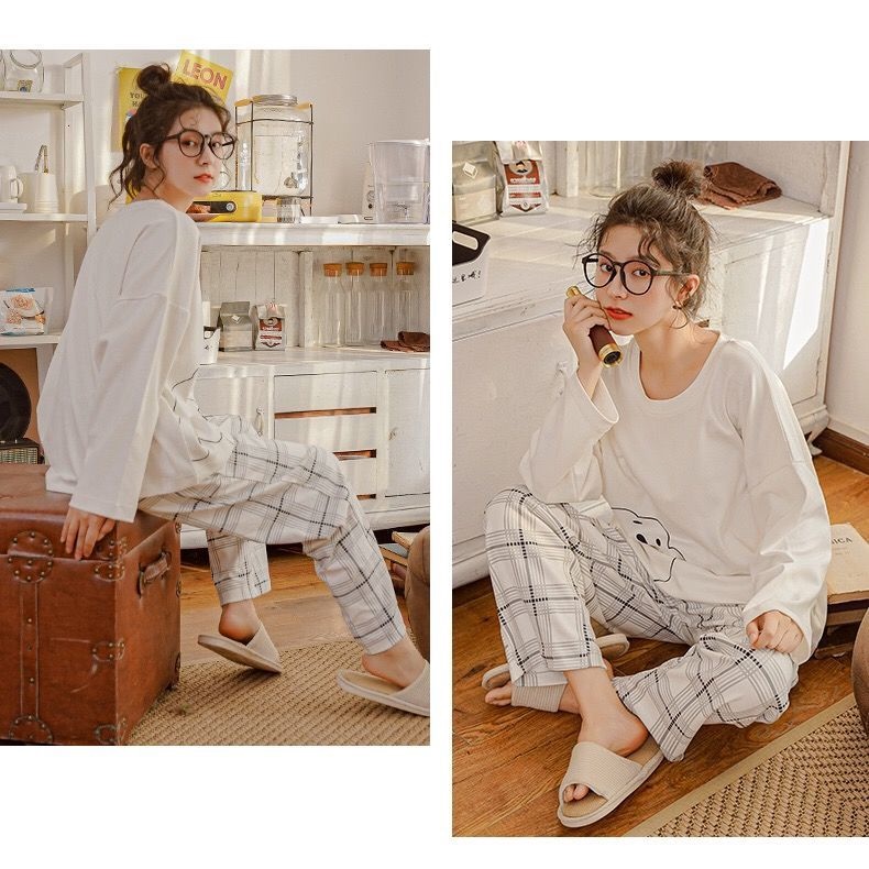 Bộ đồ ngủ tay dài dáng rộng phong cách Hàn Quốc màu trắng/đen thời trang xuân thu cho nữ | BigBuy360 - bigbuy360.vn