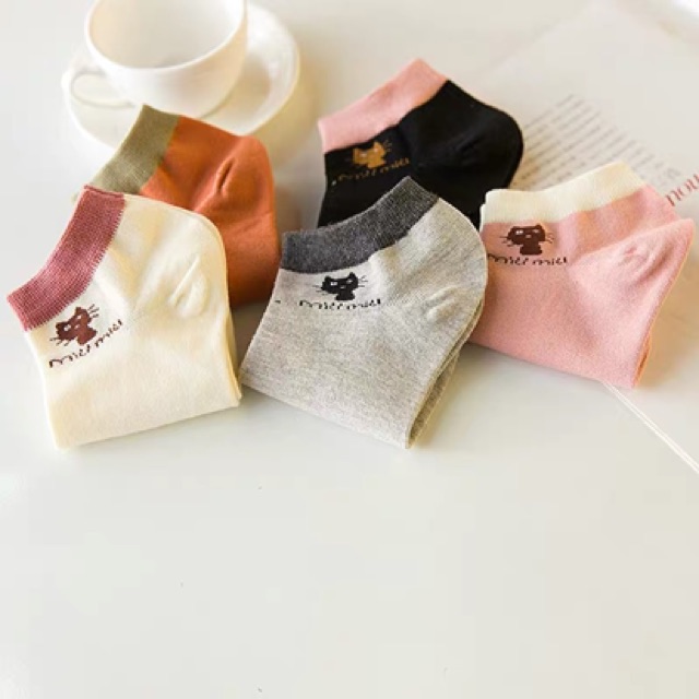 combo 5 đôi tất mèo cổ ngắn trộn màu.