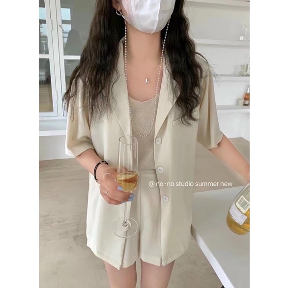 [Ảnh thật/video] Set blazer cộc tay vải trơn thiết kế thanh lịch, trẻ trung gồm áo blazer và quần đùi 3 màu