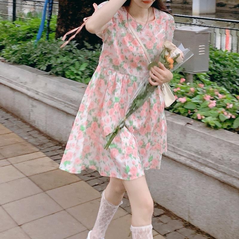 Đầm Búp Bê Tay Phồng In Hoa Kiểu Pháp Dễ Thương