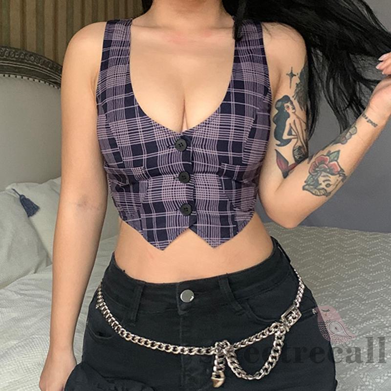 Áo Croptop Sát Nách Cổ Chữ V In Họa Tiết Caro Phối Hàng Cúc Đơn Màu Đen/ Tím Thời Trang Cho Nữ