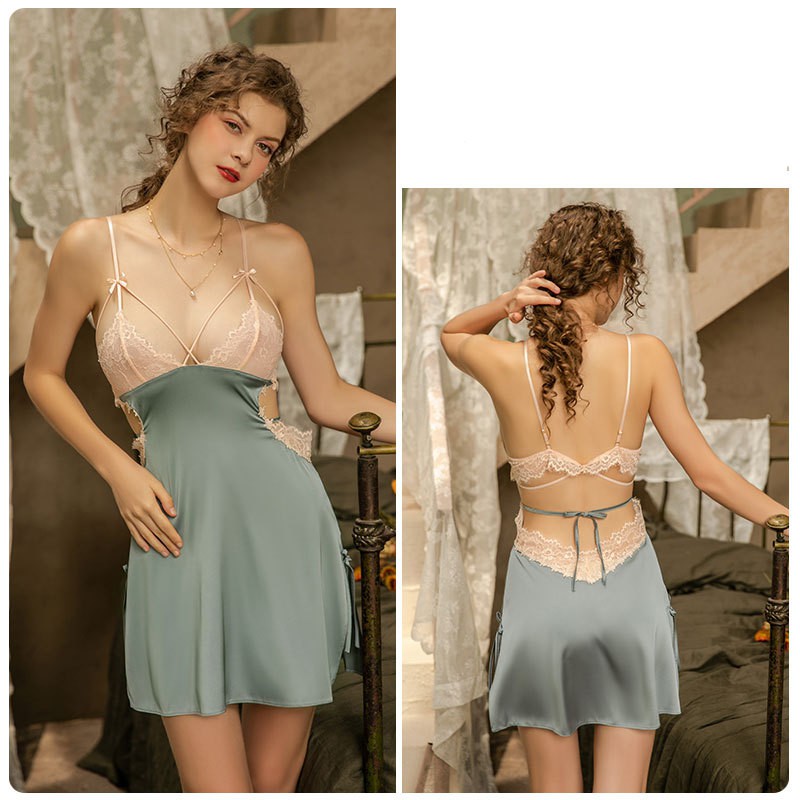 Váy ngủ sexy gợi cảm 2 dây ZOZORO vải lụa satin kết hợp ren quyến rũ-vnms02