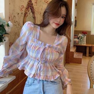 Áo Kiểu Tay Dài Cổ Vuông Thiết Kế Ngọt Ngào Nữ Tính