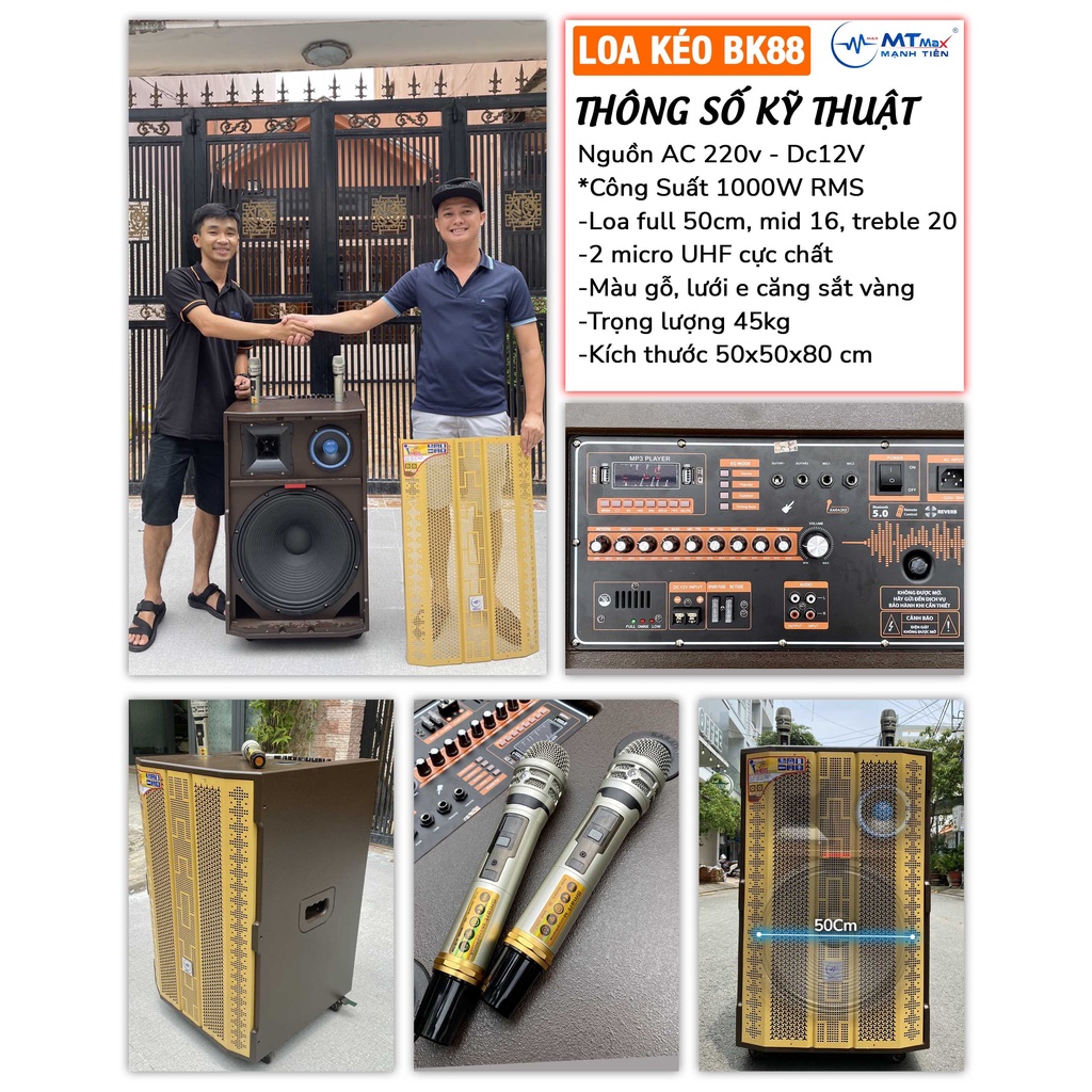 Loa kéo karaoke MTMAX BK88 bass 50 công suất lớn 3 đường tiếng kèm 2 micro không UHF echo  reverb chỉnh sẵn EQ siêu hay