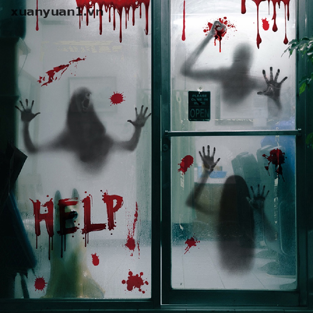 Decal dán tường/ kính hình bàn tay dính máu kinh dị trang trí Halloween