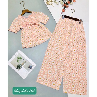 Set đồ nữ,đồ bộ nữ,đồ ngủ mặc nhà vải lụa hoa nhí quần ống rộng thời trang size 45-57kg.