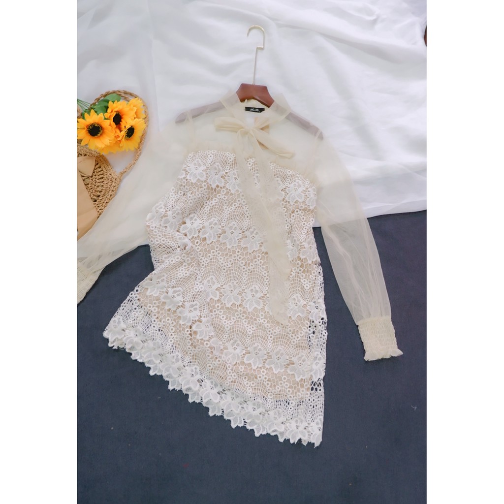 Đầm ren form A tay dài phối lưới-LoveLy clothes