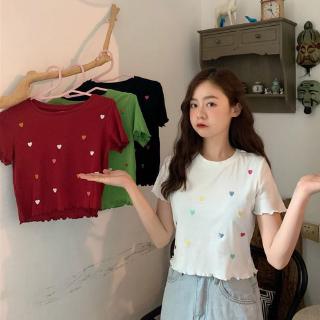 Áo dệt kim ngắn tay cổ tròn thêu họa tiết thời trang nữ