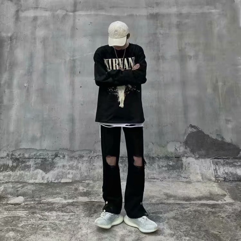 Quần dài phối kiểu rách thời trang phong cách đường phố retro Nhật Bản cho nam