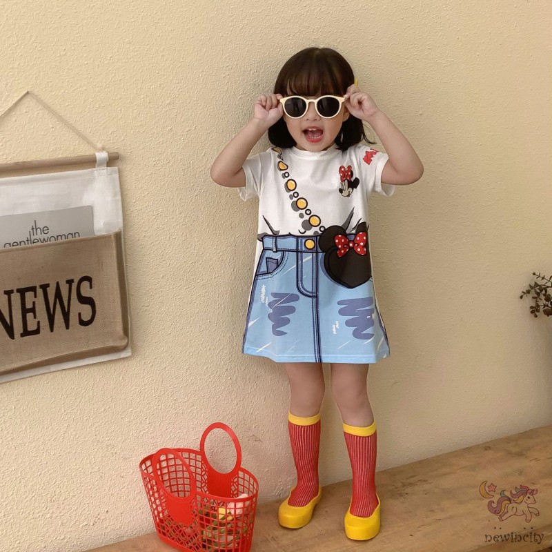 Đầm Tay Ngắn In Hoạ Tiết Hoạt Hình Cho Bé Gái