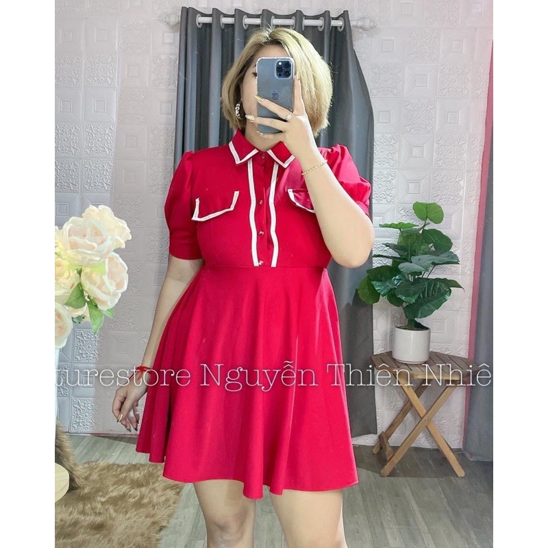 Đầm sơ mi viền trắng form ngắn màu đỏ/ đen/ xanh - Shop Táo Đỏ bigsize
