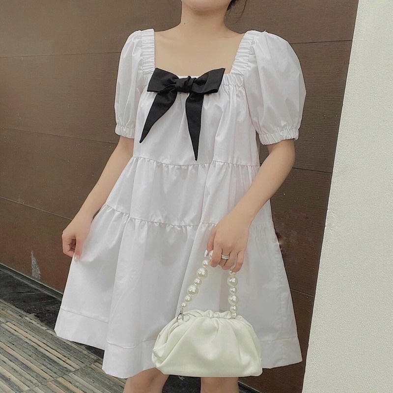 Váy Babydoll Màu Trắng Nơ Cổ Cực Xinh, Đầm Xoè Nữ Tiểu Thư Ngây Thơ