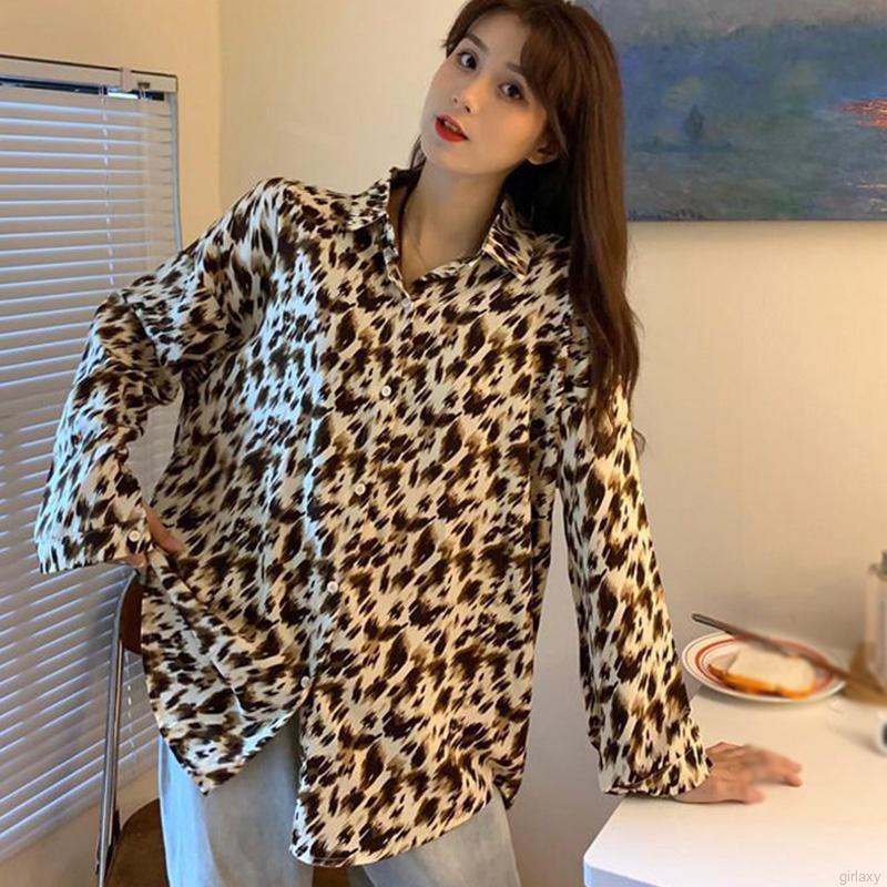 Áo Sơ Mi Tay Dài Dáng Rộng Họa Tiết Da Báo Quyến Rũ Phong Cách Hàn Quốc