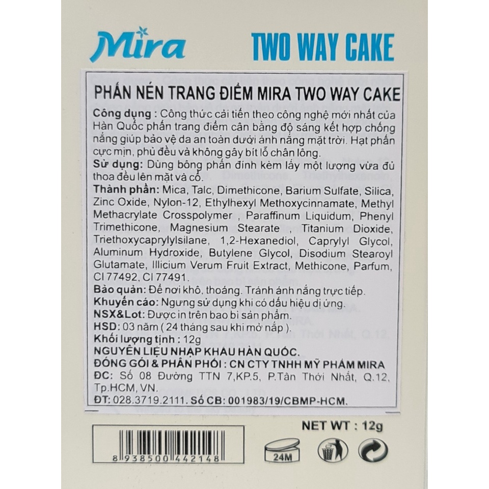 Phấn Nén Trang Điểm Siêu Mịn Mira Two Way Cake 12g Hàn Quốc