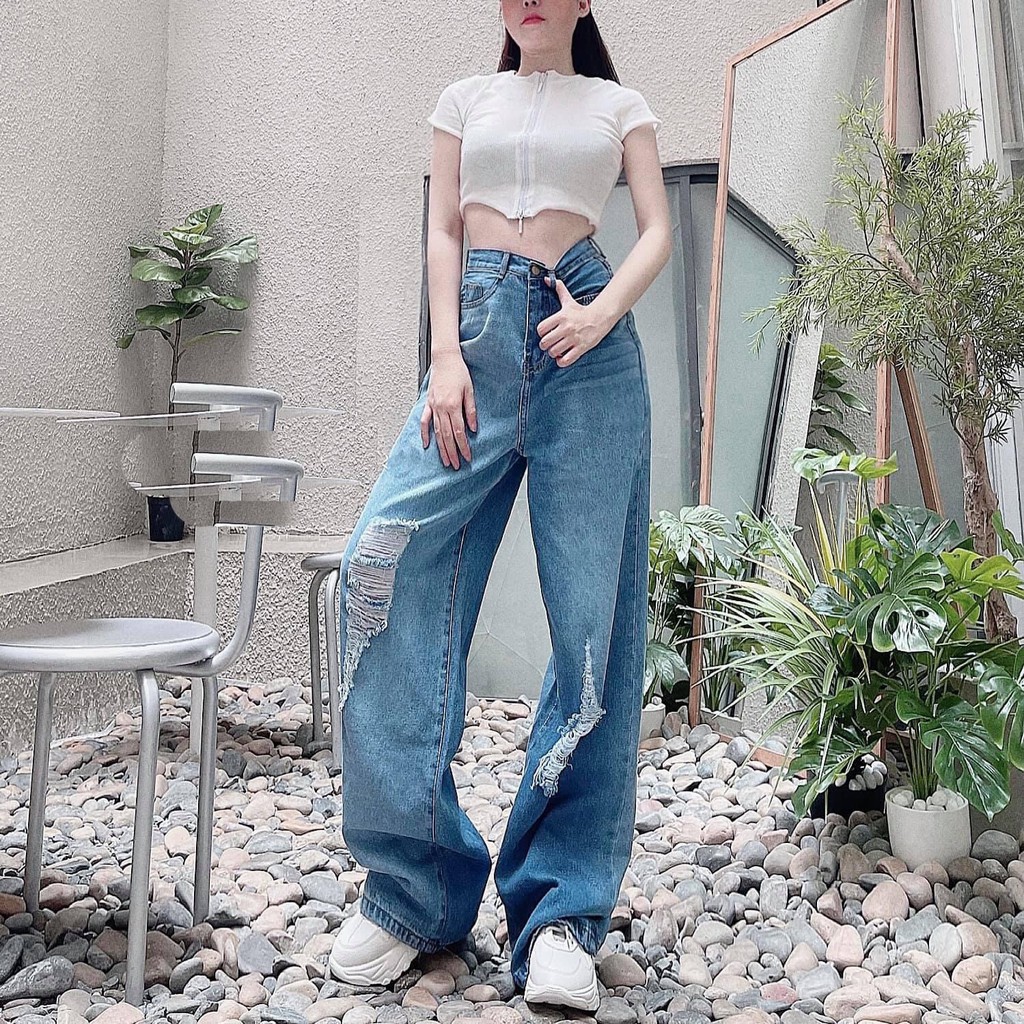 QUẦN JEAN ỐNG RỘNG NỮ LƯNG CAO LOANG MÀU RÁCH 2 MẢNG TO LAI CUỐN CAO CẤP NITI SIÊU XỊN SÒ, FORM RỘNG SIÊU TUYỆT ĐỈNH