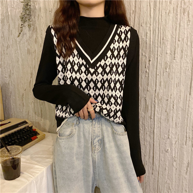 Áo gile cổ V không tay dáng rộng chất dệt kim thời trang Hàn Quốc retro cho nữ