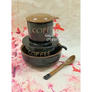 Bộ phin pha cafe gốm sứ Bát Tràng cao cấp men đen lòng nâu gốm hạt tiêu có bát ngâm