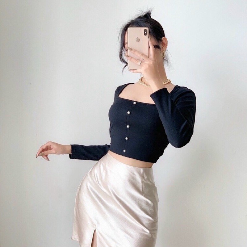 Áo Thun Tay Dài Cổ Vuông Đính Ngọc A3