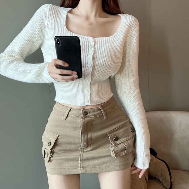 Áo Croptop Dệt Kim Tay Dài Cổ Vuông Màu Sắc Đơn Giản Phong Cách Hàn Quốc