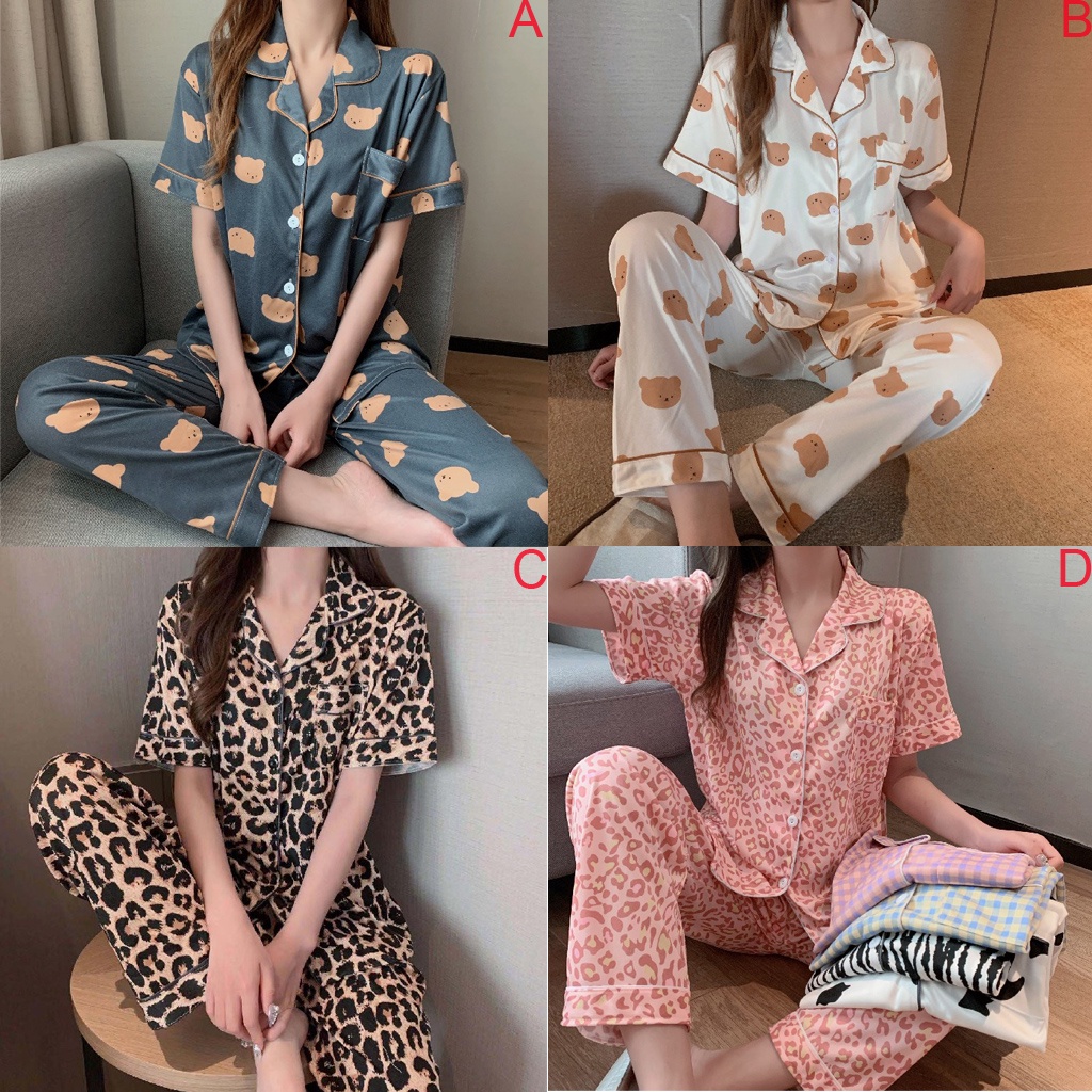 Bộ Đồ Ngủ Tay Ngắn Chất Cotton Họa Tiết Da Báo Thời Trang Xinh Xắn Cho Nữ