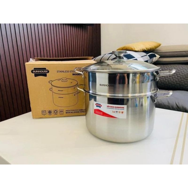 NỒI XỬNG HẤP 2 TẦNG  INOX NẮP KÍNH CAO CẤP SUNHOUSE 28CM