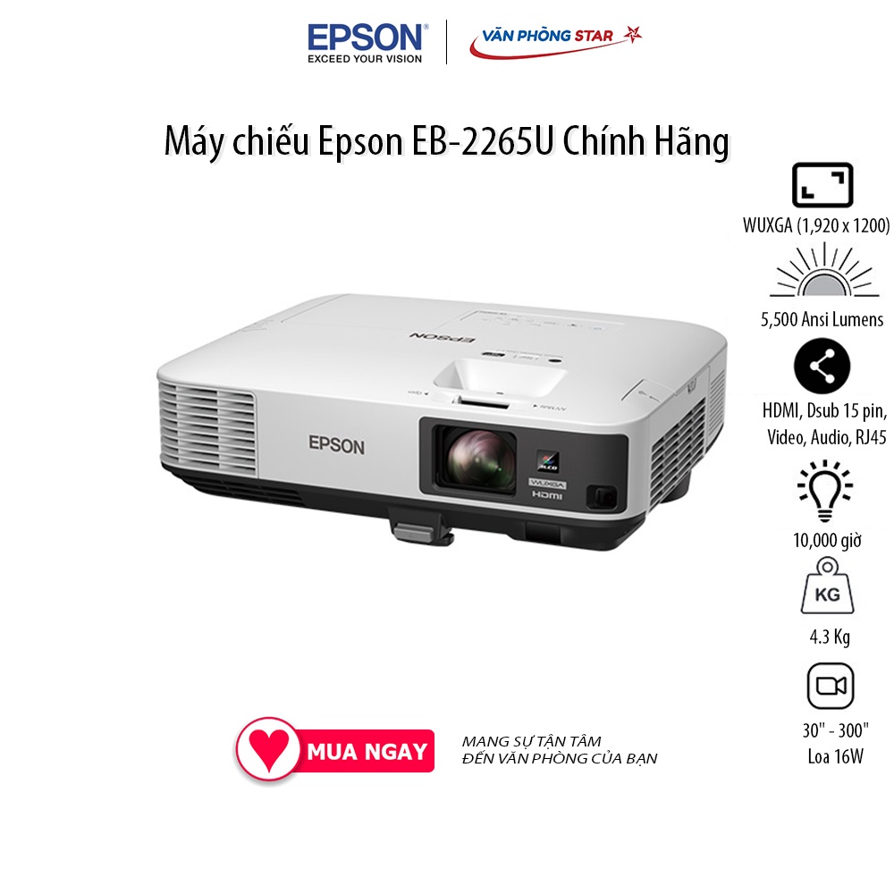 Máy Chiếu Epson EB-2265U Độ phân giải WUXGA (1,920 x 1200) Cường độ sáng 5,500 Ansi Lumen, Tuổi thọ bóng 10000 giờ