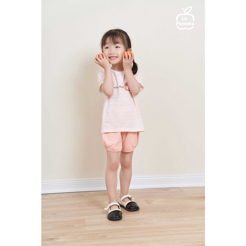 Bộ La Pomme cộc tay cotton mềm mịn thoáng mát thấm hút tốt cao cấp kẻ sọc ngang gấu nhỏ cho bé gái 12008