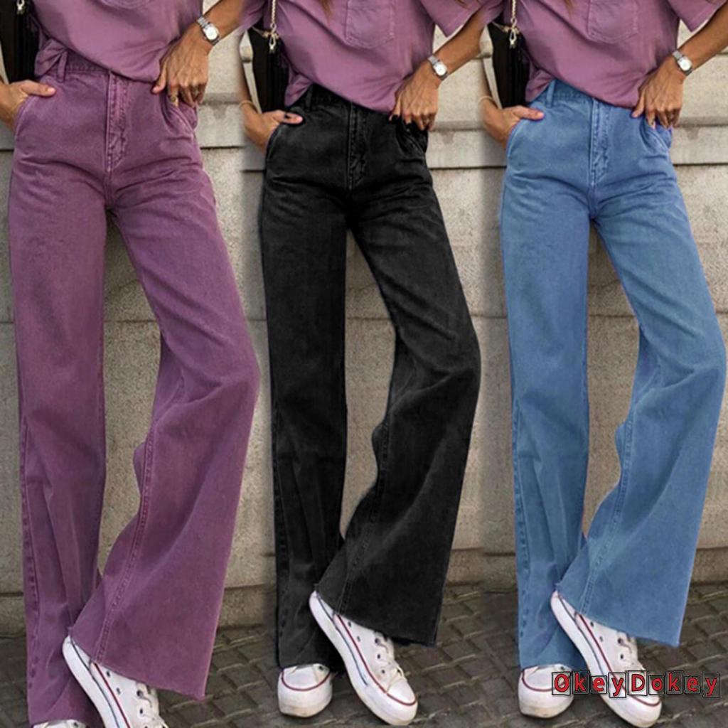 Quần Jean Ống Rộng Màu Trơn Hai Túi Thời Trang Cho Nữ