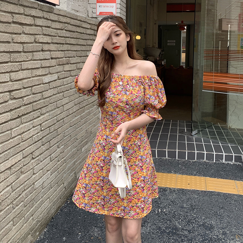 SUXI Đầm Nữ Ngắn Tay Cổ Tròn In Hoa Thời Trang