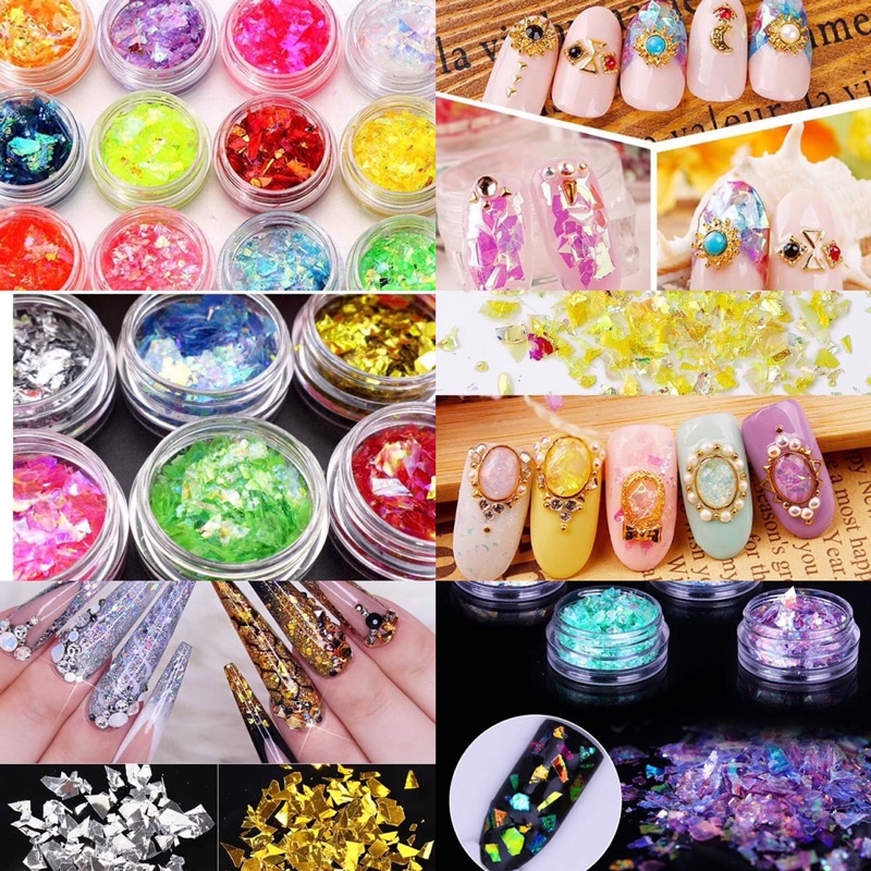 Set 12 hũ giấy pha lê ẩn gel trang trí móng siêu sáng đẹp
