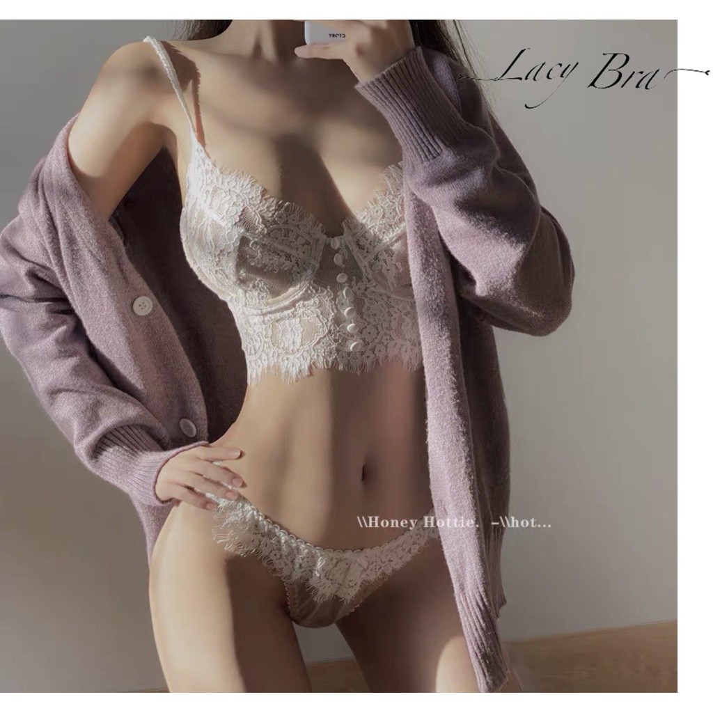 Bộ Bralette Có Gọng Nâng Ngực Cúc Giữa Ren Mềm Sexy Phối Quần Lọt Khe Lacy Bra - B08 | BigBuy360 - bigbuy360.vn
