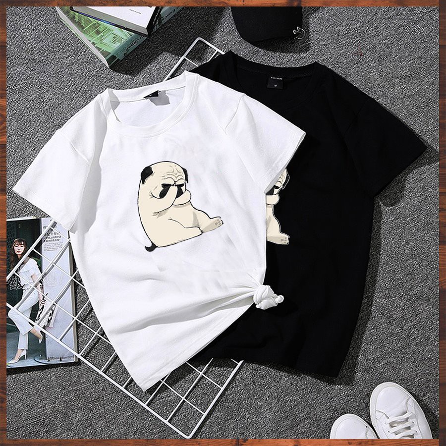 Áo thun unisex tay lỡ form rộng chó pug suy nghĩ vải dày mịn 2020TN1058