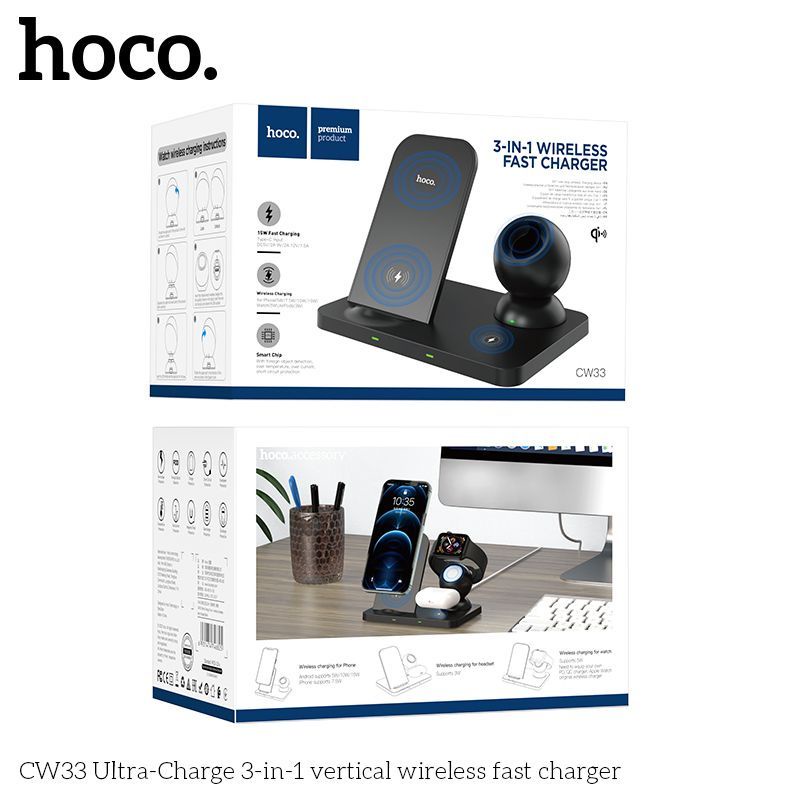 Đế sạc nhanh sạc không dây 15w chính hãng hoco Cw33 3 in 1 Chính Hãng smartphone&amp; Apple Watch &amp; Airpod