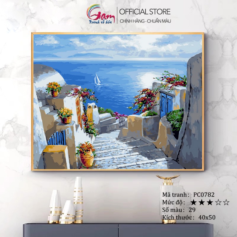 Tranh tô màu theo số phong cảnh bờ biển Santorini có căng khung 40x50cm PC0782