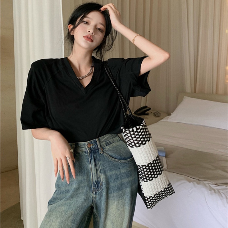 Áo Kiểu Tay Ngắn Cổ Chữ V Form Rộng Kiểu Dáng Đơn Giản