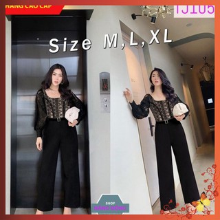 Jum 💥FREESHIP💥 Jumpsuit dài ống suông phối ren xinh xắn TJ1051