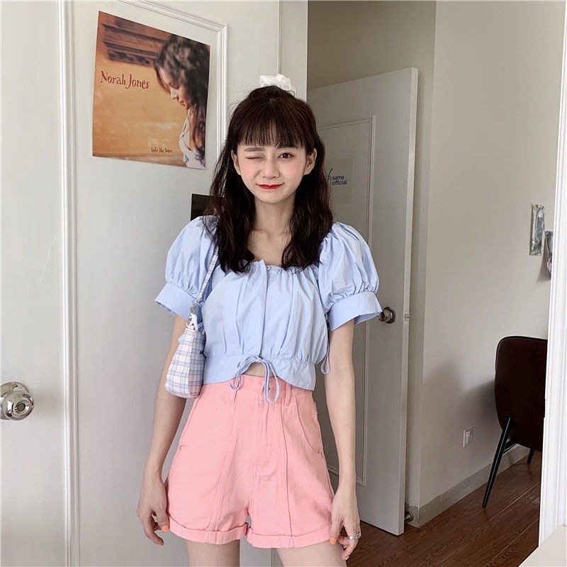 Quần short denim chữ A cạp cao thời trang mùa hè cho nữ