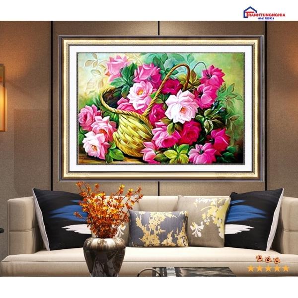 Tranh đính đá, tranh thêu chữ thập giỏ hoa tuyệt đẹp