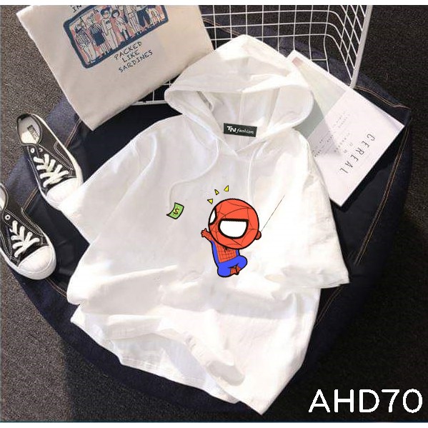 AHD70 Áo thun teen nam nữ HOODIE TAY LỠ CÓ NÓN hình Marvel Spiderman