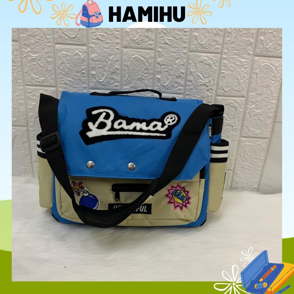 Túi đeo chéo có thêu chữ BAMA, Túi đeo chéo đi học Hamihu HM11 có đường may chắc chắn, túi có 2 màu xanh và đen