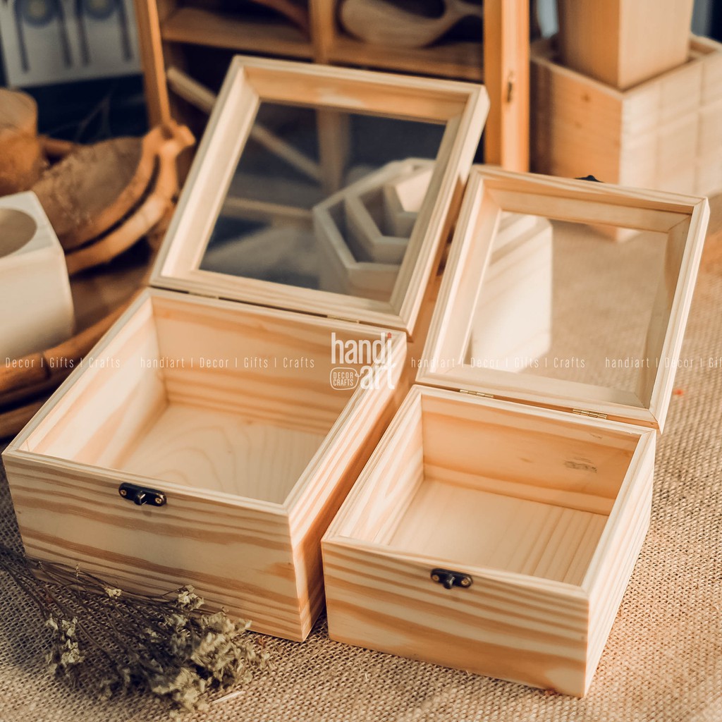 Hộp gỗ vuông nắp mica kính, Hộp gỗ đa năng, Wooden box glass