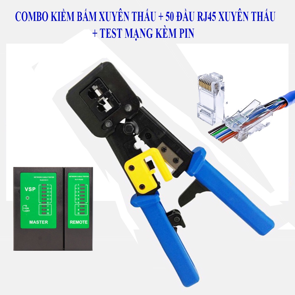 Bộ kiềm bấm mạng xuyên thấu + 50 hạt mạng RJ45 xuyên thấu + hộp test cáp mạng RJ45/11 kèm pin Loại Tốt