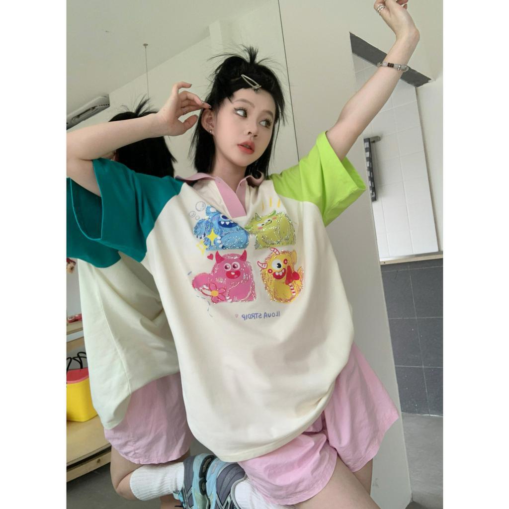 「 WELOVE1 」Áo Thun Cotton Tay Ngắn Raglan In Họa Tiết Hoạt Hình Màu Tương Phản Đa Năng Cho Nữ