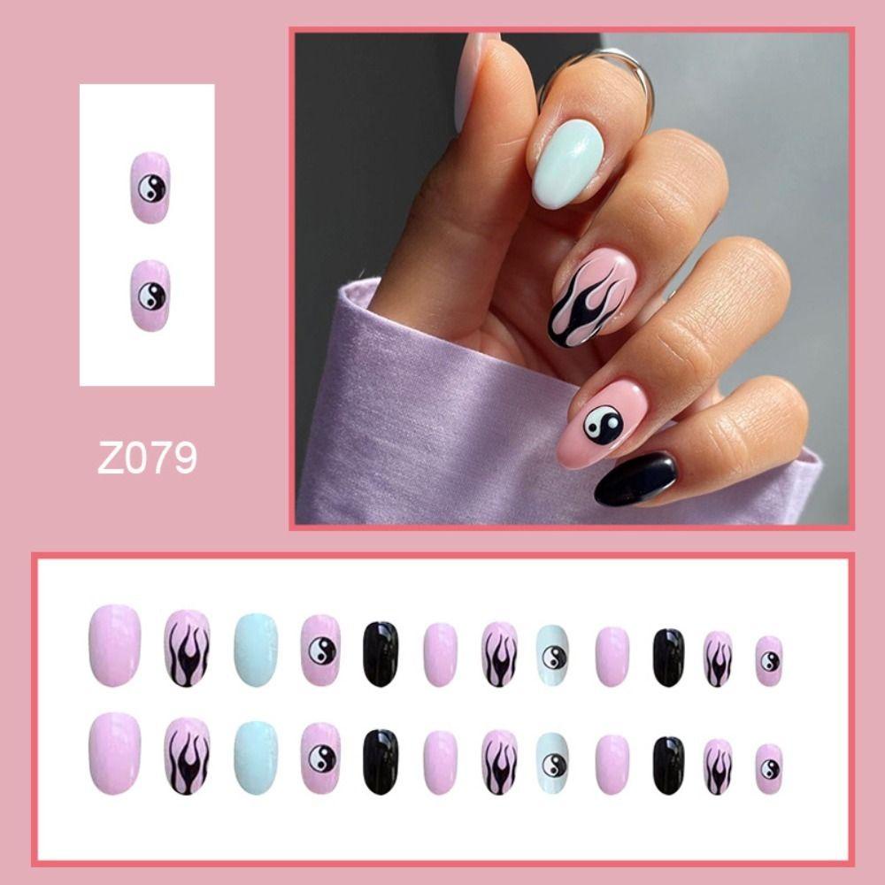 CACTU Bộ 24 Móng Tay Giả Che Phủ Toàn Diện Họa Tiết Ngọn Lửa Lửa / Hoa Đính Pha Lê Xinh Xắn