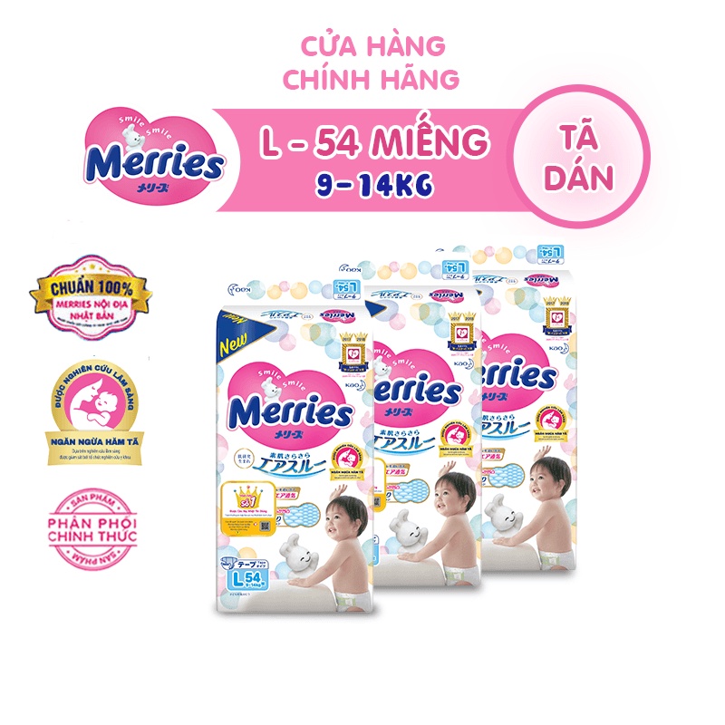 Combo 3 Tã dán Merries Đủ Size NB90/S82/M64/L54/XL44