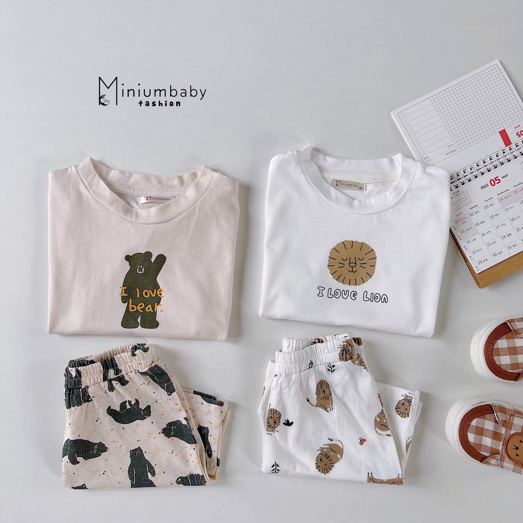 Bộ cotton unisex hoạ tiết xinh xắn cho bé, bộ thun mềm mát unisex