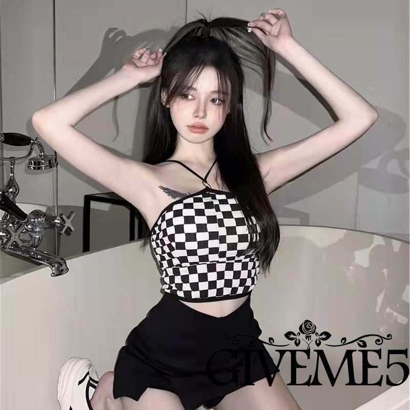 Áo Lửng Hai Dây Hở Rốn In Họa Tiết Bàn Cờ Kim Loại Thời Trang Dành Cho Bạn Nữ