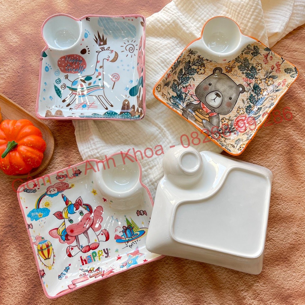 Bát Đĩa sứ Decor Chén Dĩa Sứ Dễ Thương Cute Cao Cấp cực kỳ xinh yêu Đĩa kèm ngăn chấm, trang trí món ăn cực đẹp