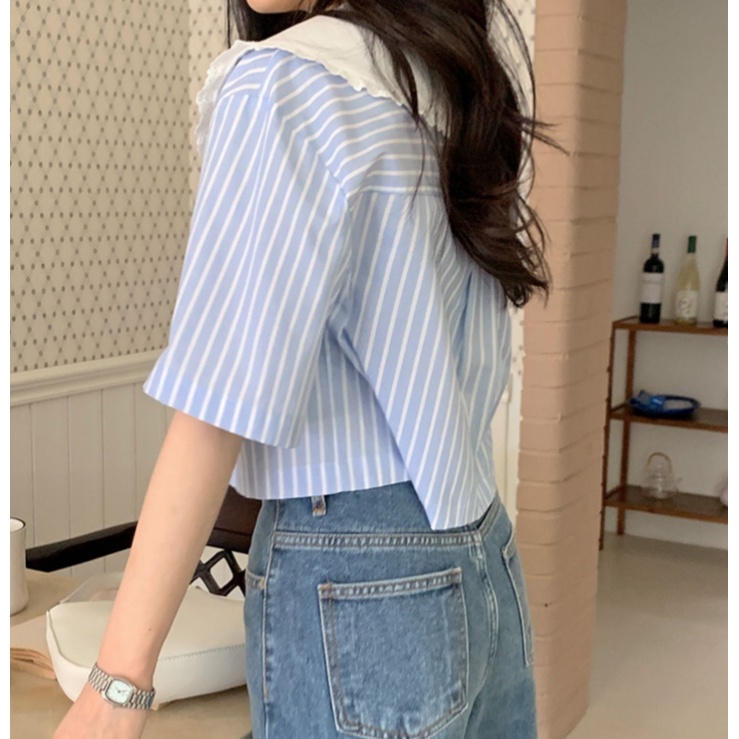Áo sơ mi SUXI ngắn tay cổ búp bê họa tiết kẻ sọc màu trơn phong cách Hàn Quốc thời trang mùa hè cho nữ