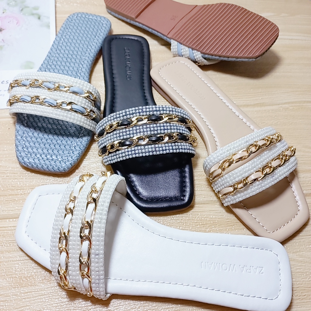 Dép Nữ Đế Bệt Hở Mũi  MINHTUYETSHOES- Dép Nữ Quai Ngang Đính Đá Dây Xích Mẫu Mới Bền Đẹp Giá Tốt Đi Chơi,Đi Biển mã DNX1